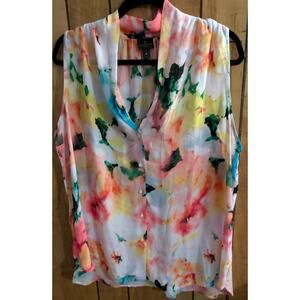 Worthington Woman Floral Tie Dye Sleeveless Blouse Shirt Plus Size 1X Button Up